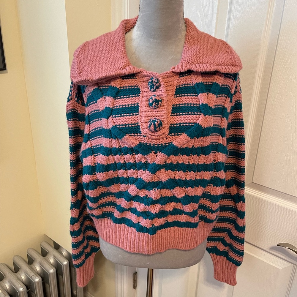 Zara Pink and Teal Striped Cowl Neck Sweater